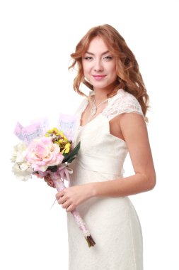 güzel bir kız ile bir buket ve para