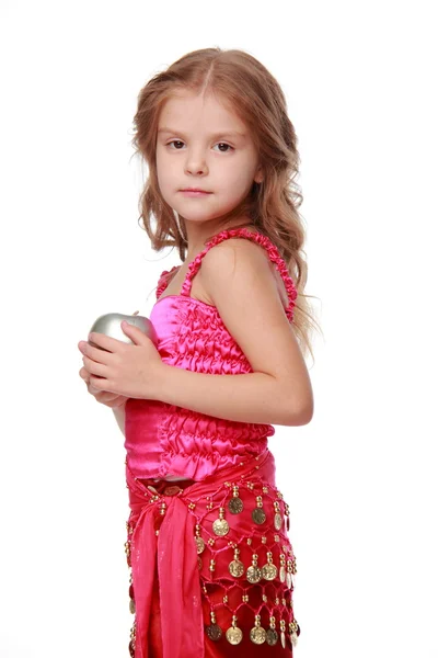 Little girl with a silver apple in the hands — Stock Photo, Image