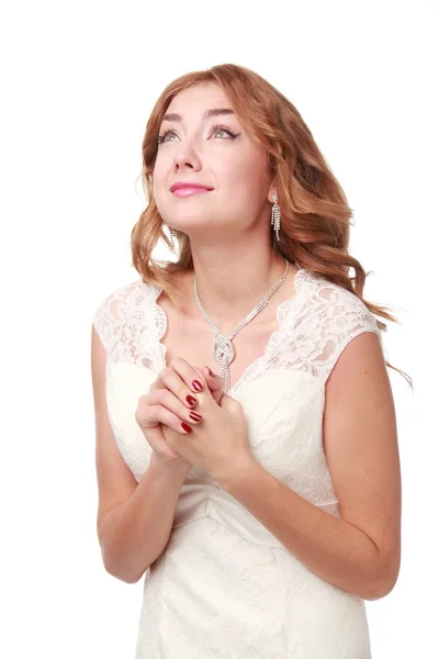 Härlig kvinna i vit klänning — Stockfoto