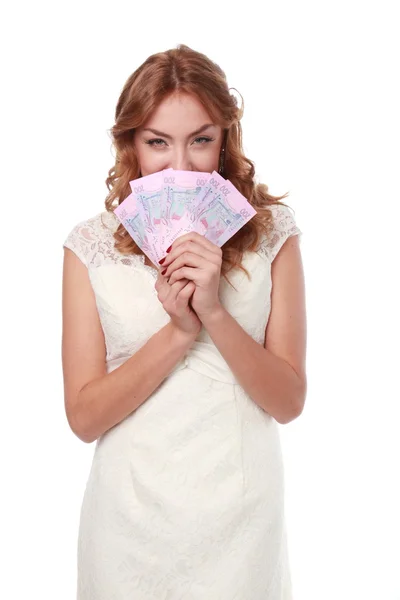 Meisje met geld in handen — Stockfoto