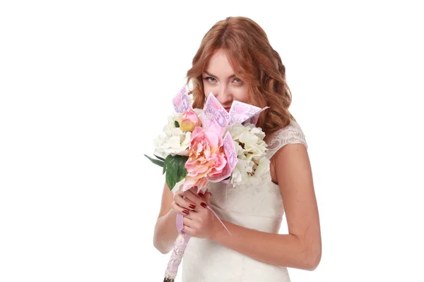 Beautiful girl with a bouquet and money — Stock Photo, Image