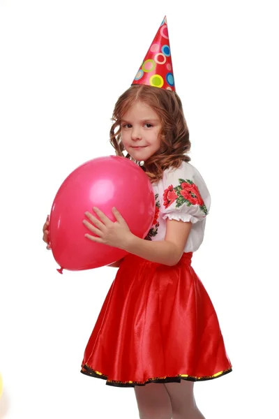 Miúdo engraçado com balão vermelho — Fotografia de Stock