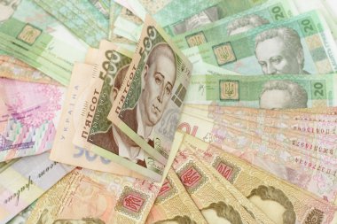 dinero ucraniano y huchaUkraynalı para arka plan