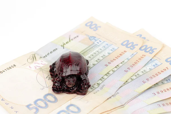 ウクライナのお金とカメの置物 — ストック写真