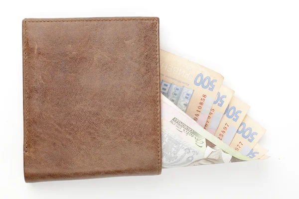 Leather purse with money — Stock Photo, Image