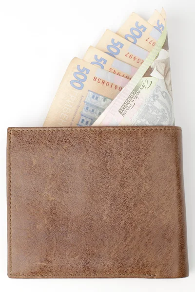 Leather purse with money — Stock Photo, Image