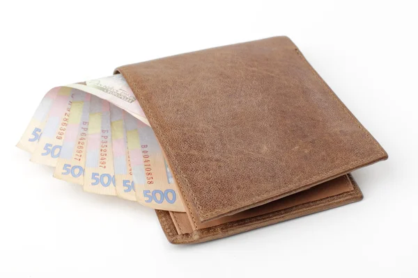 Leather purse with money — Stock Photo, Image