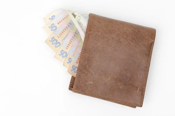 Кожаный кошелек с деньгами — стоковое фото