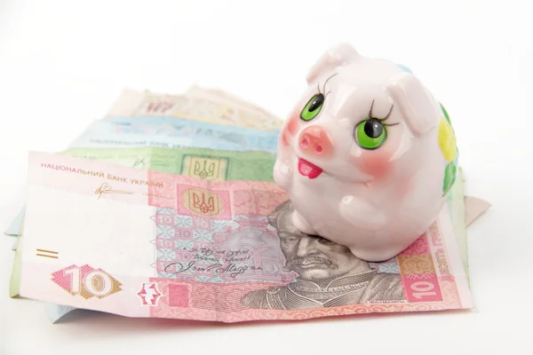 Ukrainian money and piggy bank — Stock Photo, Image