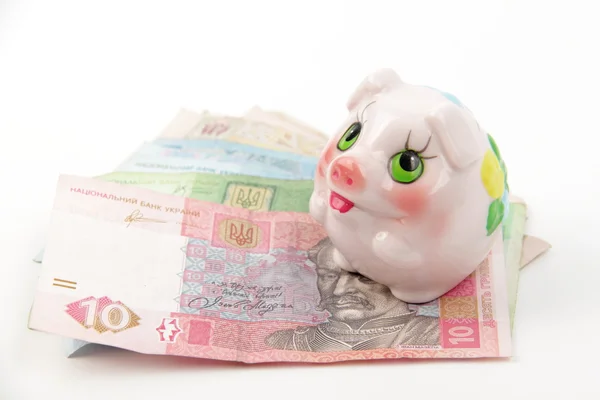 Ukrainian money and piggy bank — Stock Photo, Image
