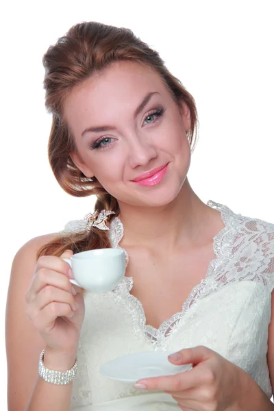 女人喝了一杯咖啡从 — 图库照片