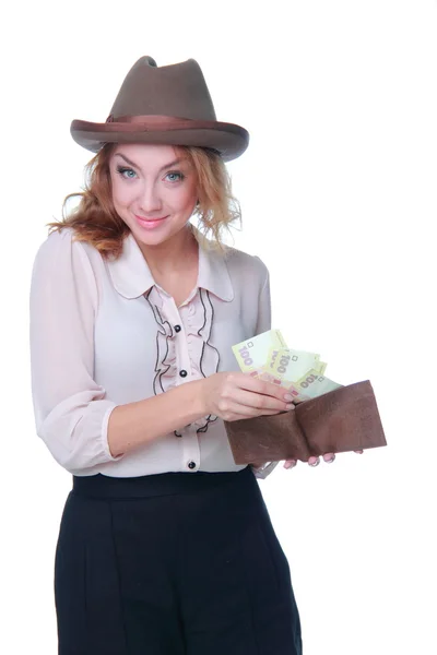 Beautiful woman with purse and money — Stock Photo, Image