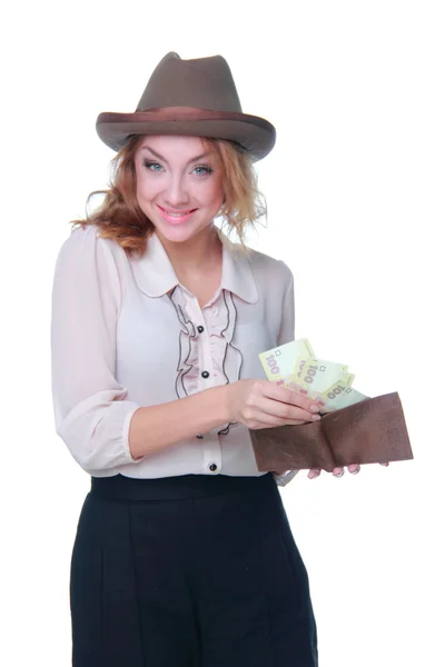 Mulher bonita com bolsa e dinheiro — Fotografia de Stock