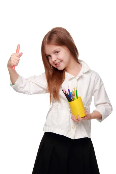 Pequena estudante com lápis — Fotografia de Stock