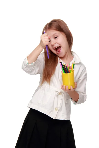 Kleines Schulmädchen mit Bleistiften — Stockfoto
