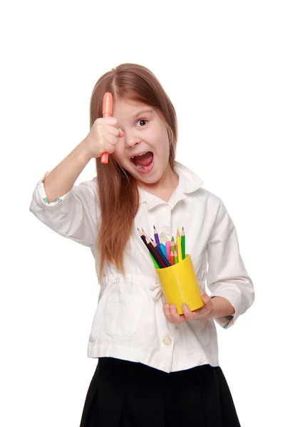 Weinig schoolmeisje met potloden — Stockfoto