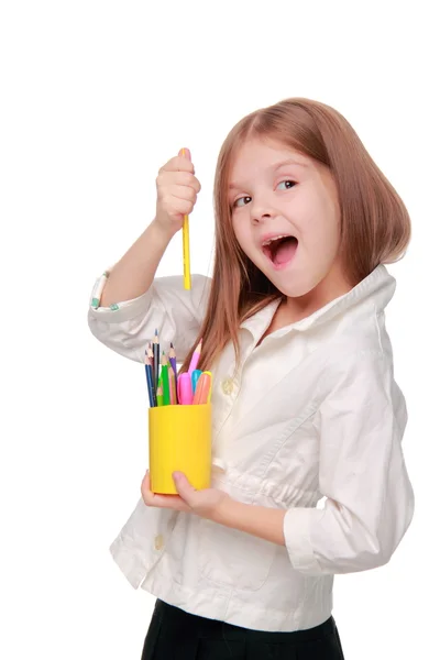 Petite écolière avec crayons — Photo
