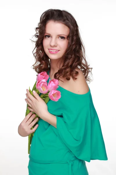 Lány a tavaszi virágok — Stock Fotó