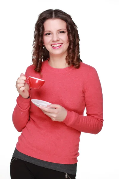Menina bonita com um copo vermelho — Fotografia de Stock