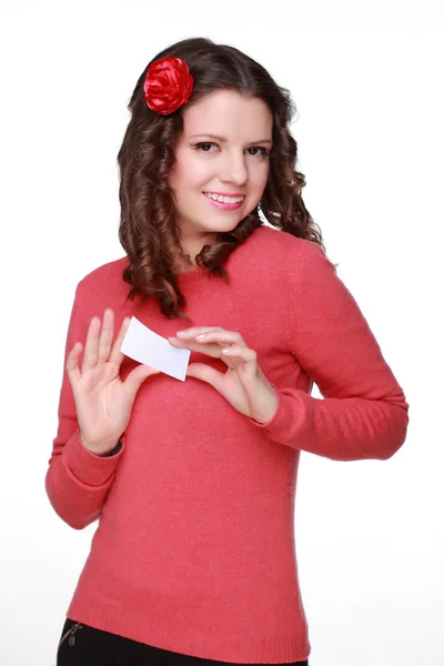 Fille avec carte de visite à la main — Photo