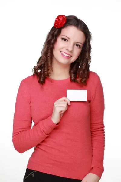 Mulher mostrando cartão de visita — Fotografia de Stock