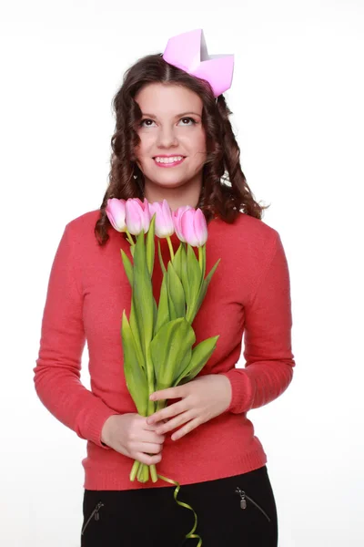 Jente med vårblomst – stockfoto