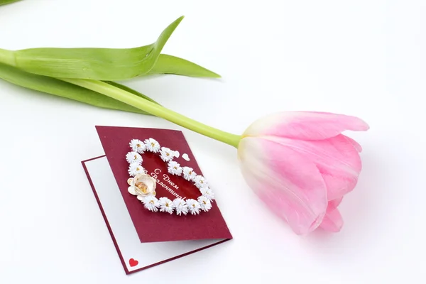 Greeting card and bouquet of tulips — Stock Photo, Image