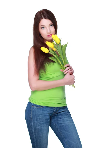 Ragazza felice con tulipani gialli — Foto Stock