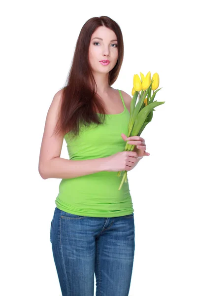 Happy girl with yellow tulips — Stock Photo, Image