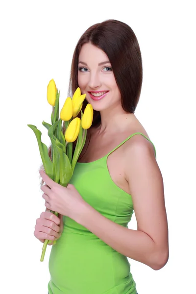 Boldog lány sárga tulipánok — Stock Fotó