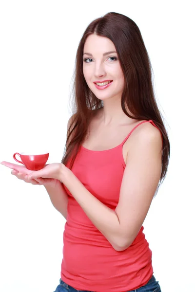 Femme avec tasse rouge — Photo