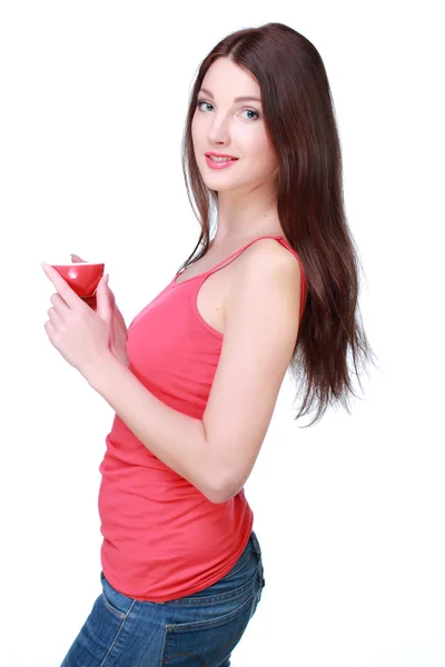 Frau mit roter Tasse — Stockfoto