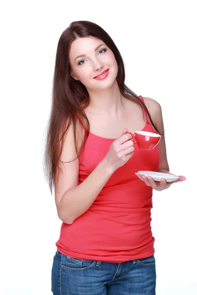 Frau mit roter Tasse — Stockfoto