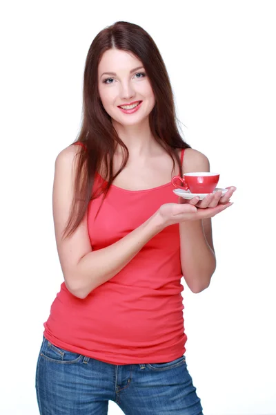 Жінка з червоною чашкою — стокове фото
