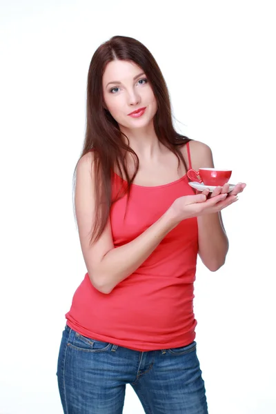 Woman with red cup — Stock Photo, Image