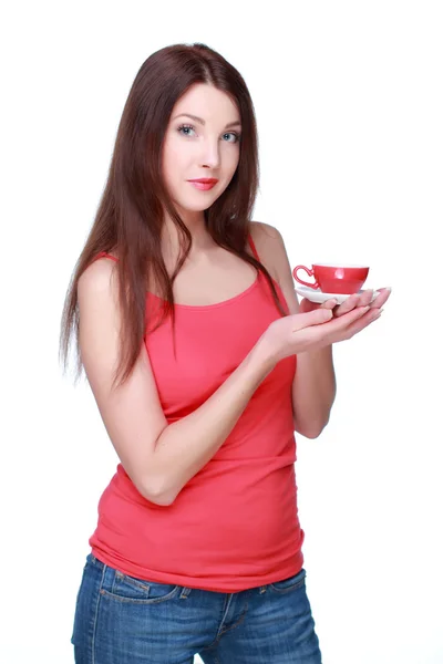 Femme avec tasse rouge — Photo