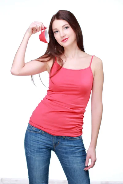 赤カップを持つ女性 — ストック写真