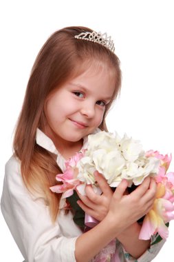 bir buket ile küçük kız