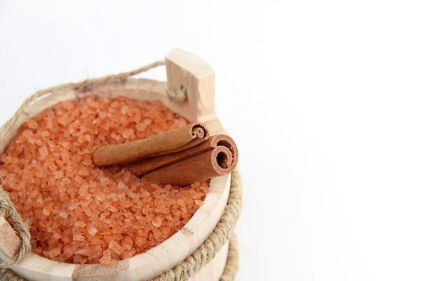 Wooden bucket baths with a set of spa treatments — Stock Photo, Image