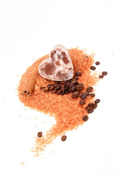 Sapone di doccia di caffè su uno sfondo sale marino arancione — Foto Stock