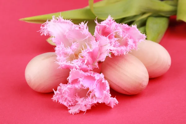 Różowe tulipany i drewniane jajka — Zdjęcie stockowe