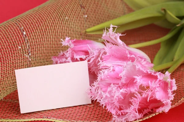 Розовые тюльпаны с поздравительной открыткой — стоковое фото