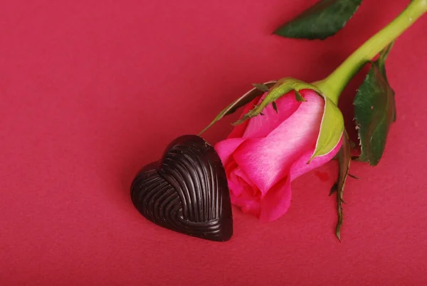 Przepiękny róż i serduszka czekoladowe — Zdjęcie stockowe