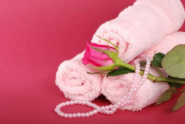 Mooie roze roos met roze handdoeken voor wenskaart — Stockfoto