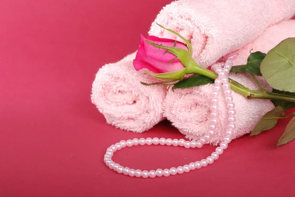 美丽的粉红色的玫瑰粉红色毛巾的贺卡 — 图库照片