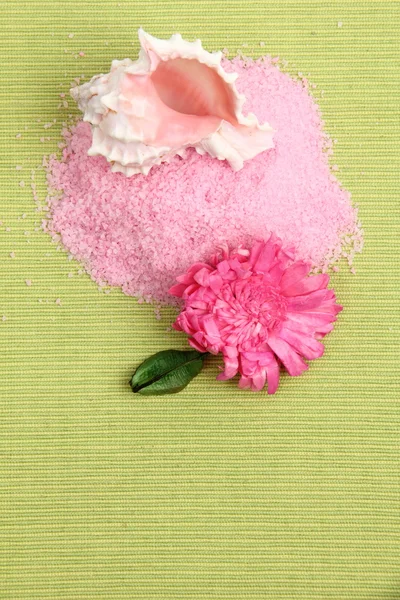 Decoration of sea salt, beautiful sea shell and pink flower — Stock Photo, Image