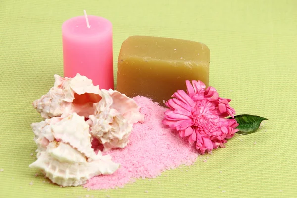 Decoration of sea salt, handmade soap, candle, beautiful sea shells and pink flower — Stock Photo, Image