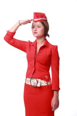 Kırmızı kostümlü hostes güzel genç bir kadın
