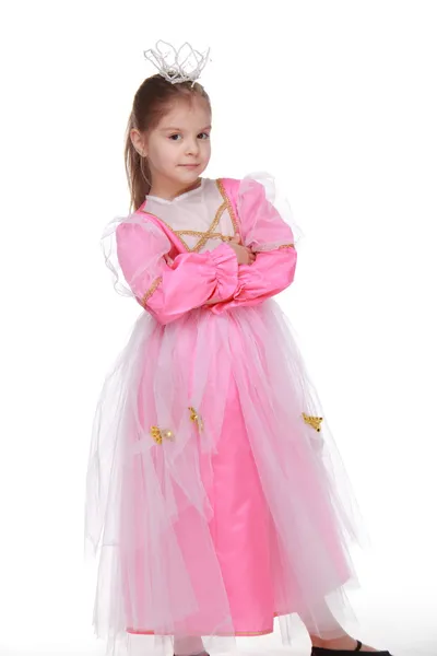 Sevimli küçük kız güzel pembe elbisenin içinde poz — Stok fotoğraf
