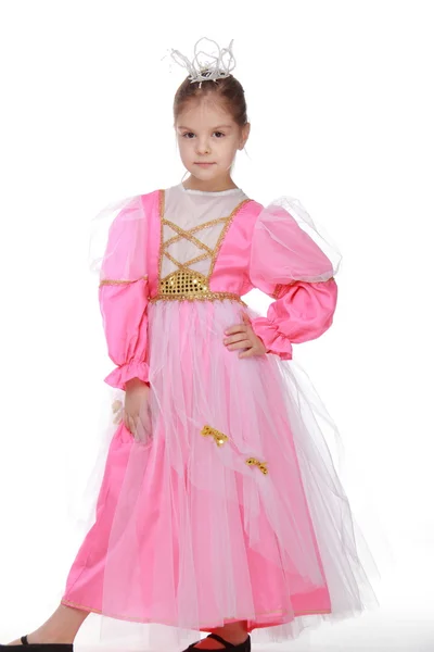 Menina bonito posando em vestido rosa agradável — Fotografia de Stock